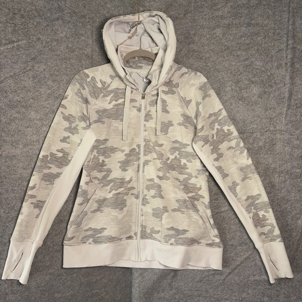 Athleta Triumph Camo Hoodie Womens Sz L Brown Gray Full Zip Pockets Athleisure